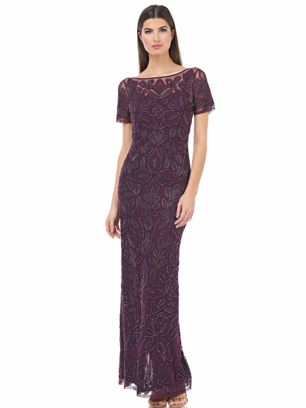 JS Collection Nordstrom beaded soutache mesh womens gown color plum size 16